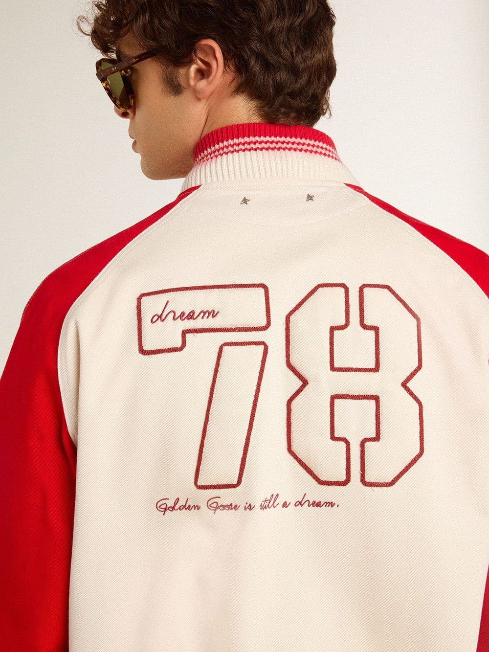 Golden Goose Bomber jacket in worn white and red with embroidery