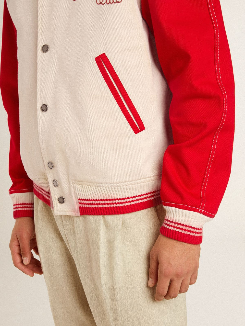 Golden Goose Bomber jacket in worn white and red with embroidery