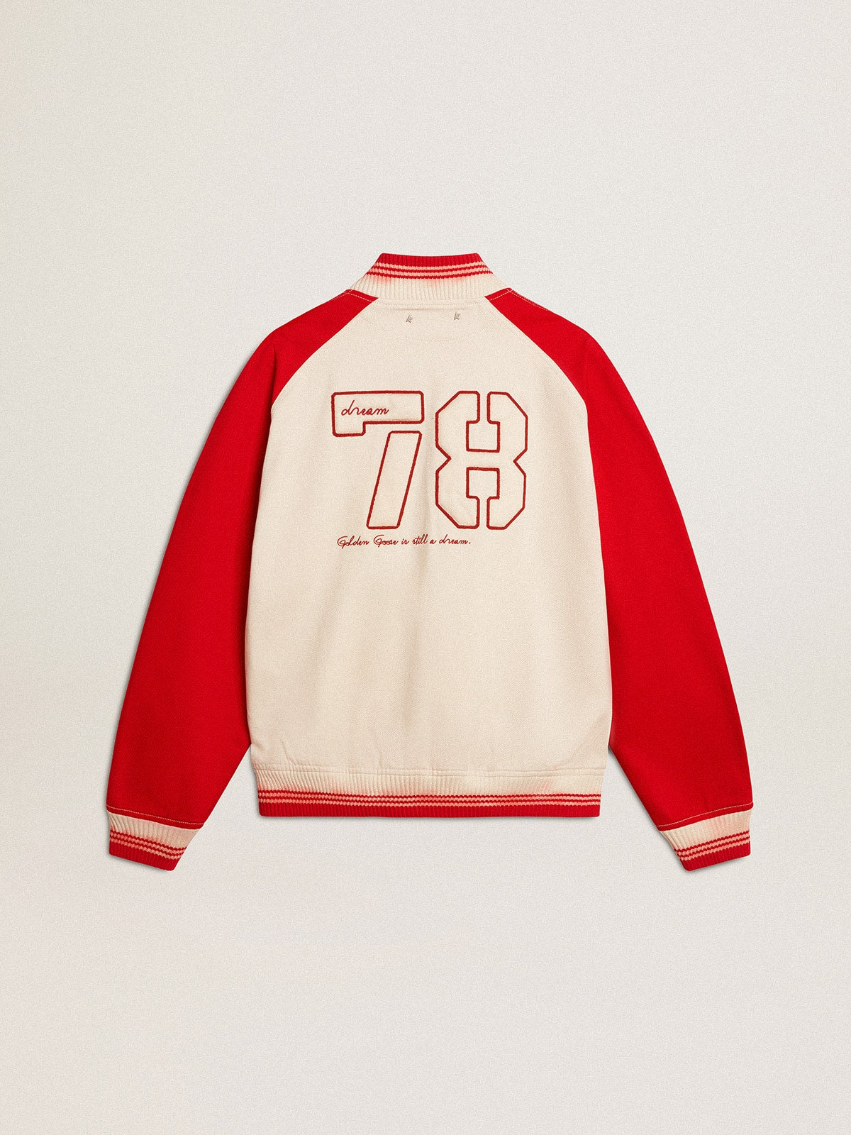 Golden Goose Bomber jacket in worn white and red with embroidery