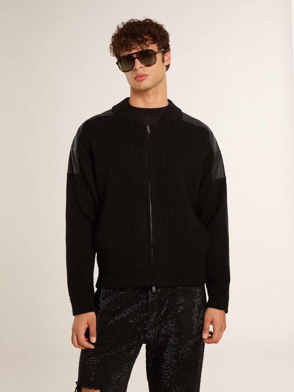 Golden Goose Men's black merino wool jacket with leather patches