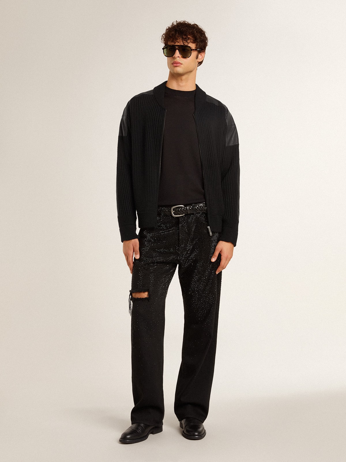 Golden Goose Men's black merino wool jacket with leather patches