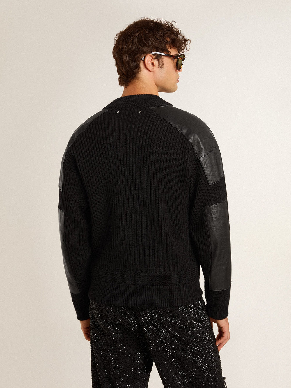 Golden Goose Men's black merino wool jacket with leather patches