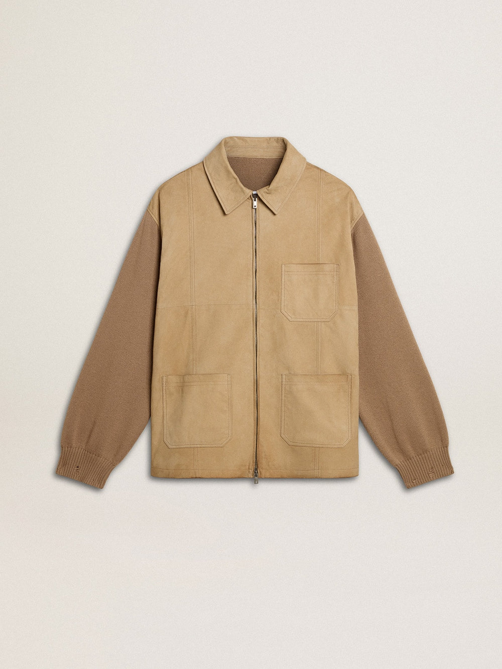 Golden Goose Men's jacket in travertine-colored nubuck leather with wool-blend sleeves and back