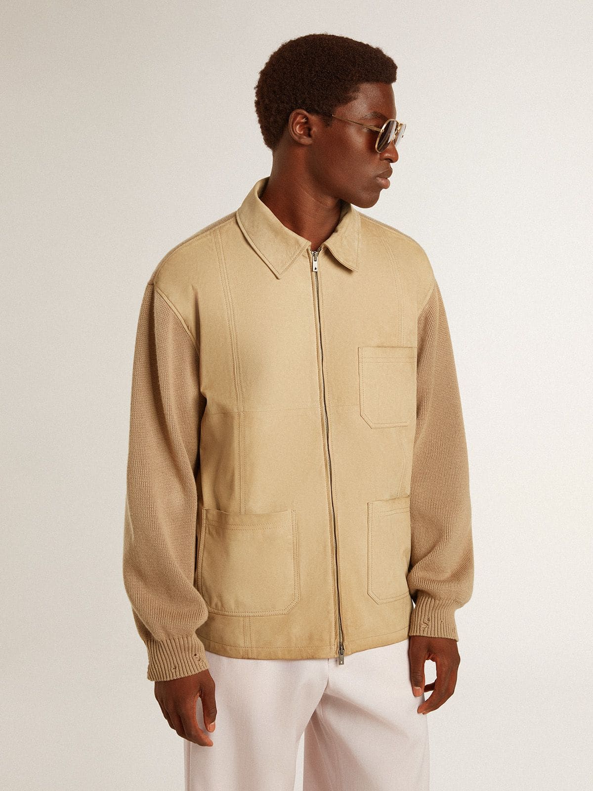 Golden Goose Men's jacket in travertine-colored nubuck leather with wool-blend sleeves and back