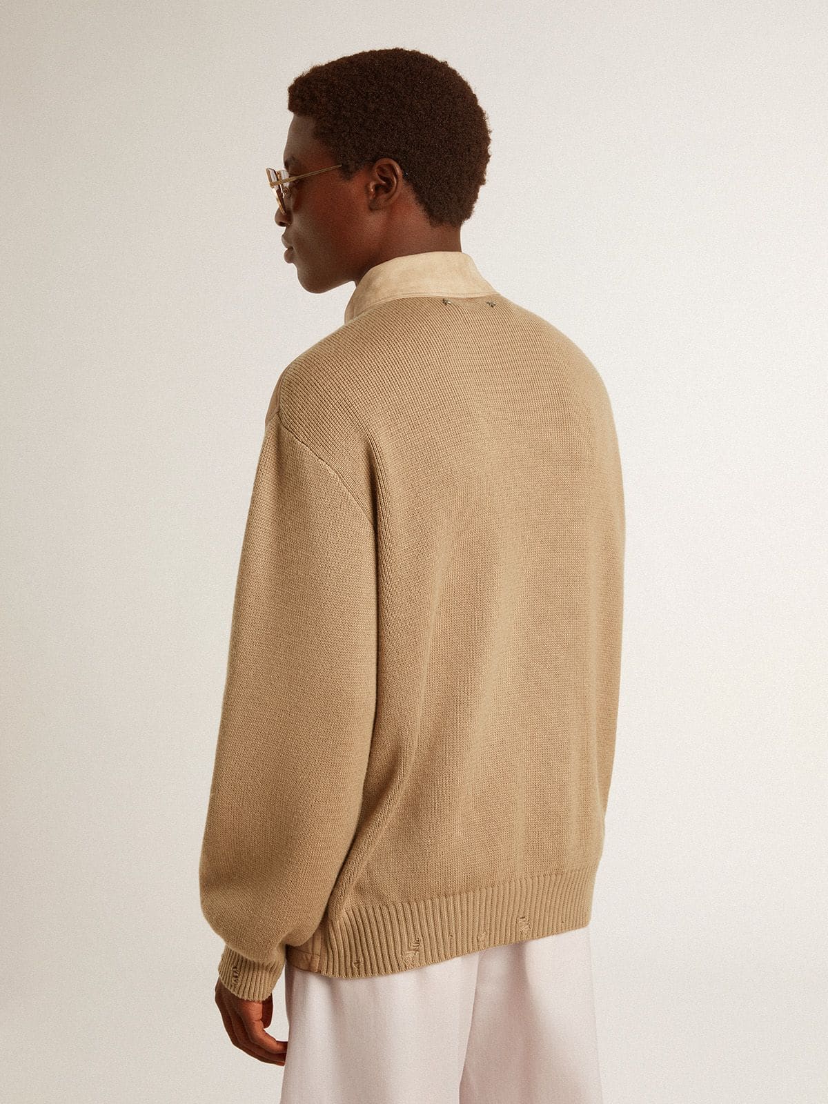 Golden Goose Men's jacket in travertine-colored nubuck leather with wool-blend sleeves and back