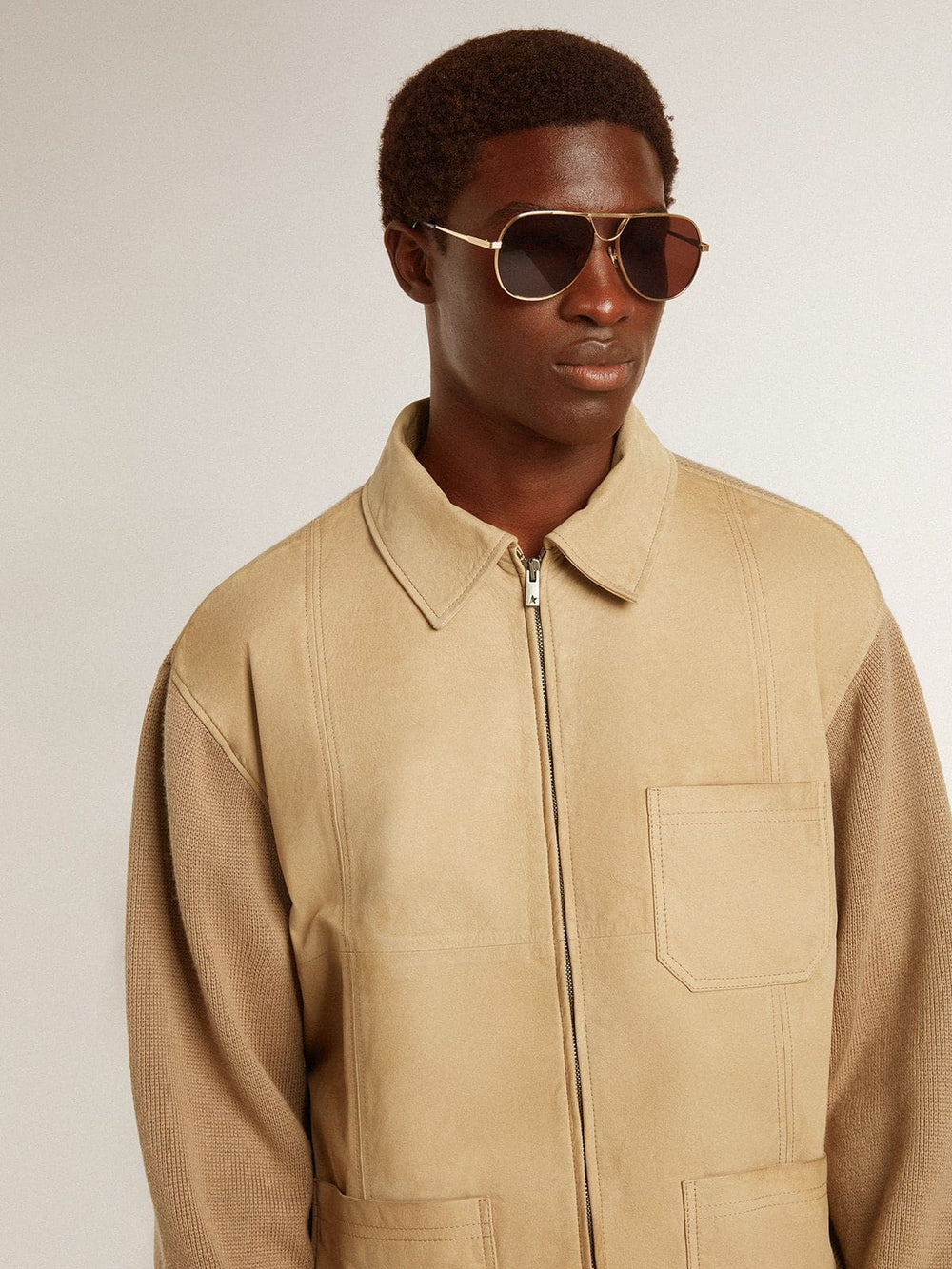 Golden Goose Men's jacket in travertine-colored nubuck leather with wool-blend sleeves and back