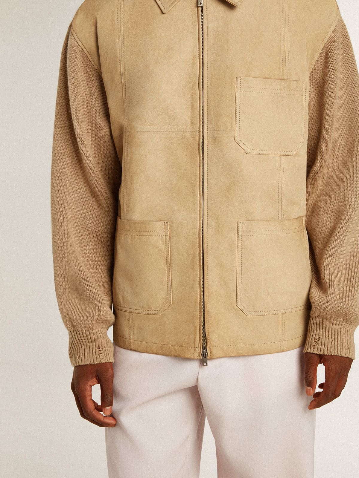 Golden Goose Men's jacket in travertine-colored nubuck leather with wool-blend sleeves and back