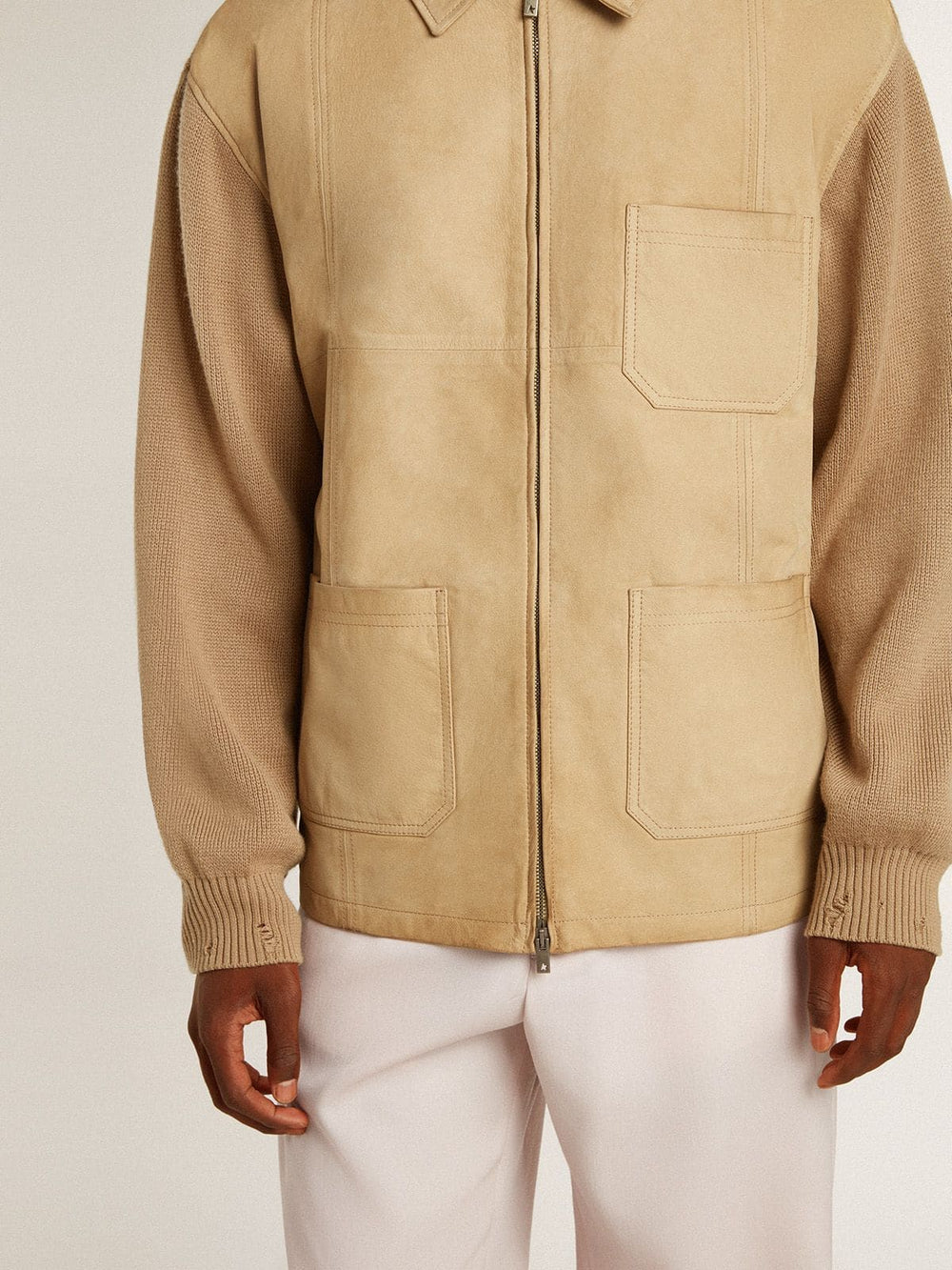 Golden Goose Men's jacket in travertine-colored nubuck leather with wool-blend sleeves and back