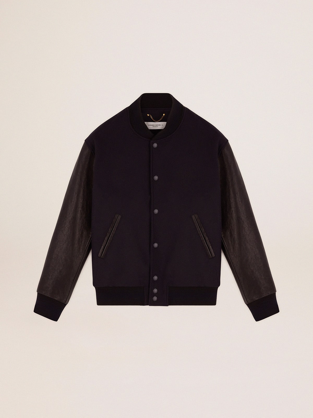 Golden Goose Men’s bomber jacker in blue wool and black leather | Golden Goose