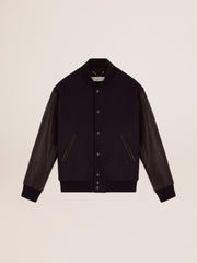 Golden Goose Men’s bomber jacker in blue wool and black leather | Golden Goose
