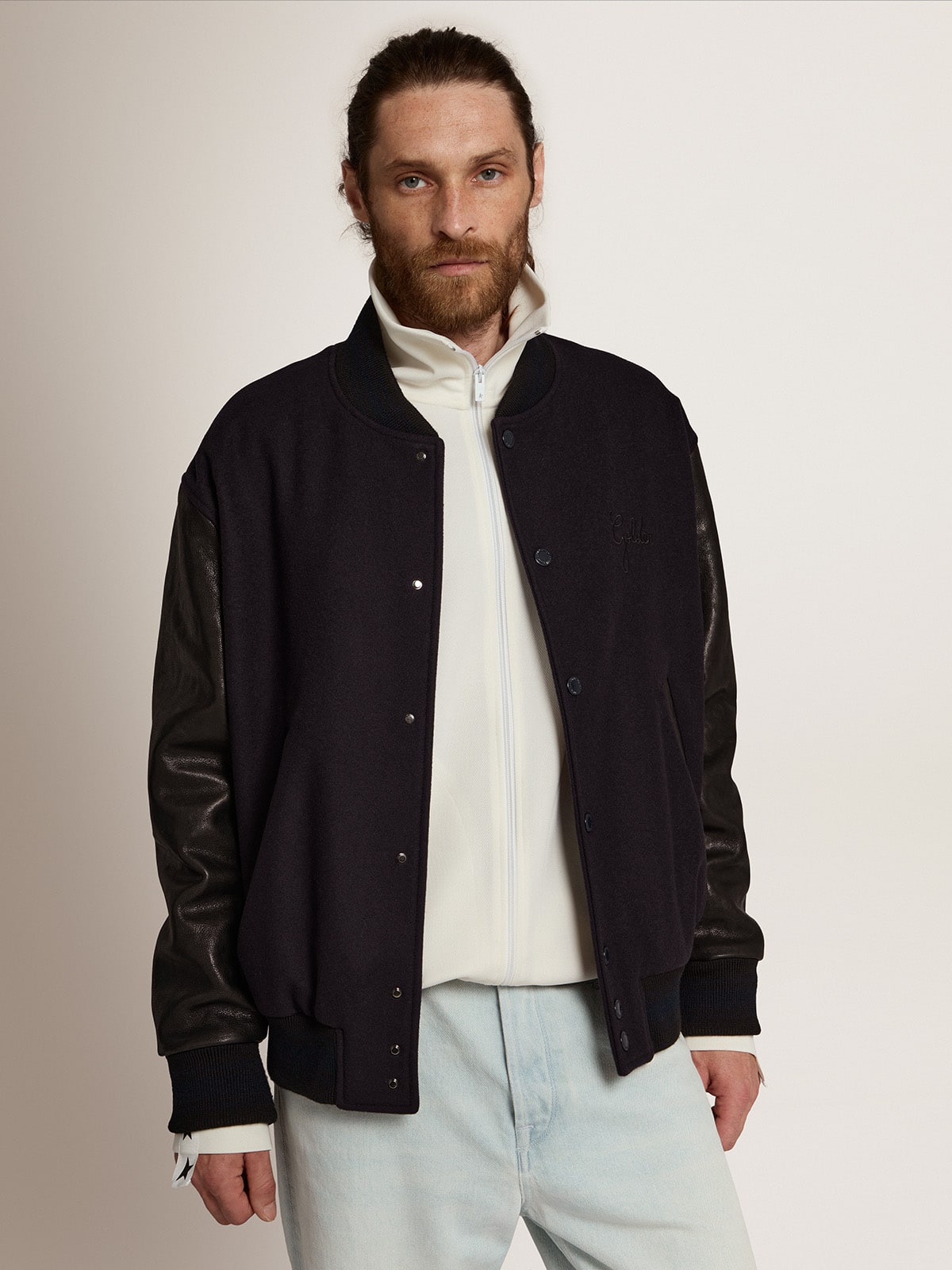 Golden Goose Men’s bomber jacker in blue wool and black leather | Golden Goose