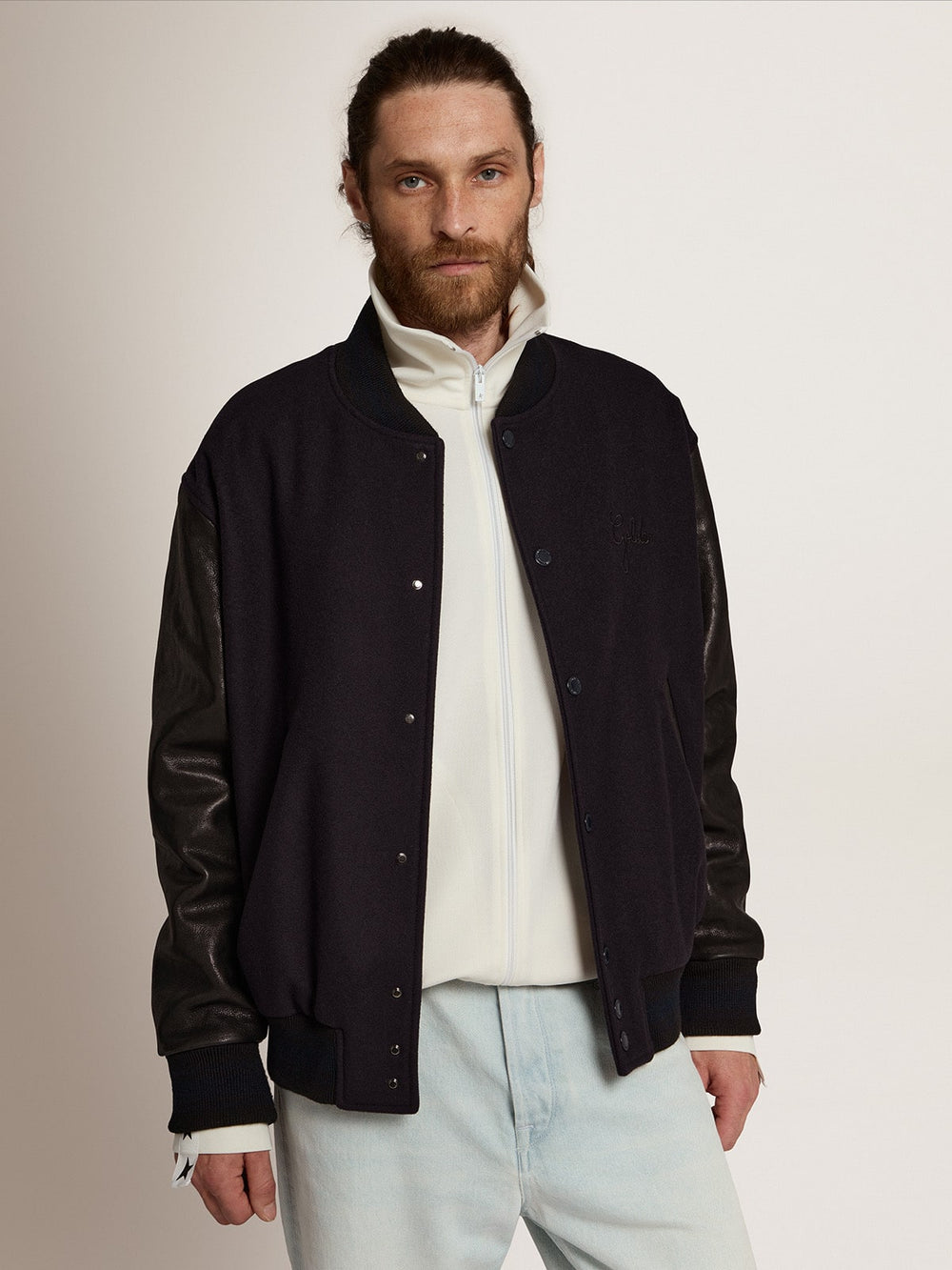 Golden Goose Men’s bomber jacker in blue wool and black leather | Golden Goose