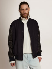 Golden Goose Men’s bomber jacker in blue wool and black leather | Golden Goose