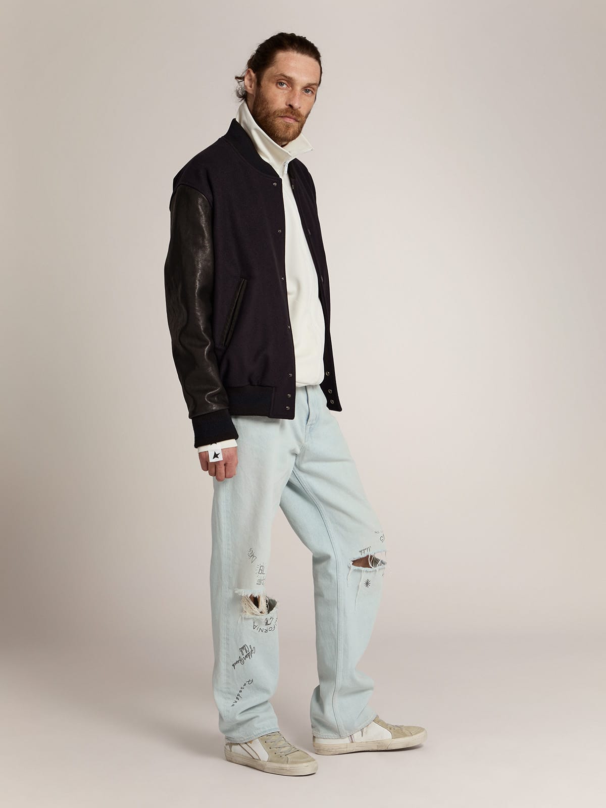 Golden Goose Men’s bomber jacker in blue wool and black leather | Golden Goose
