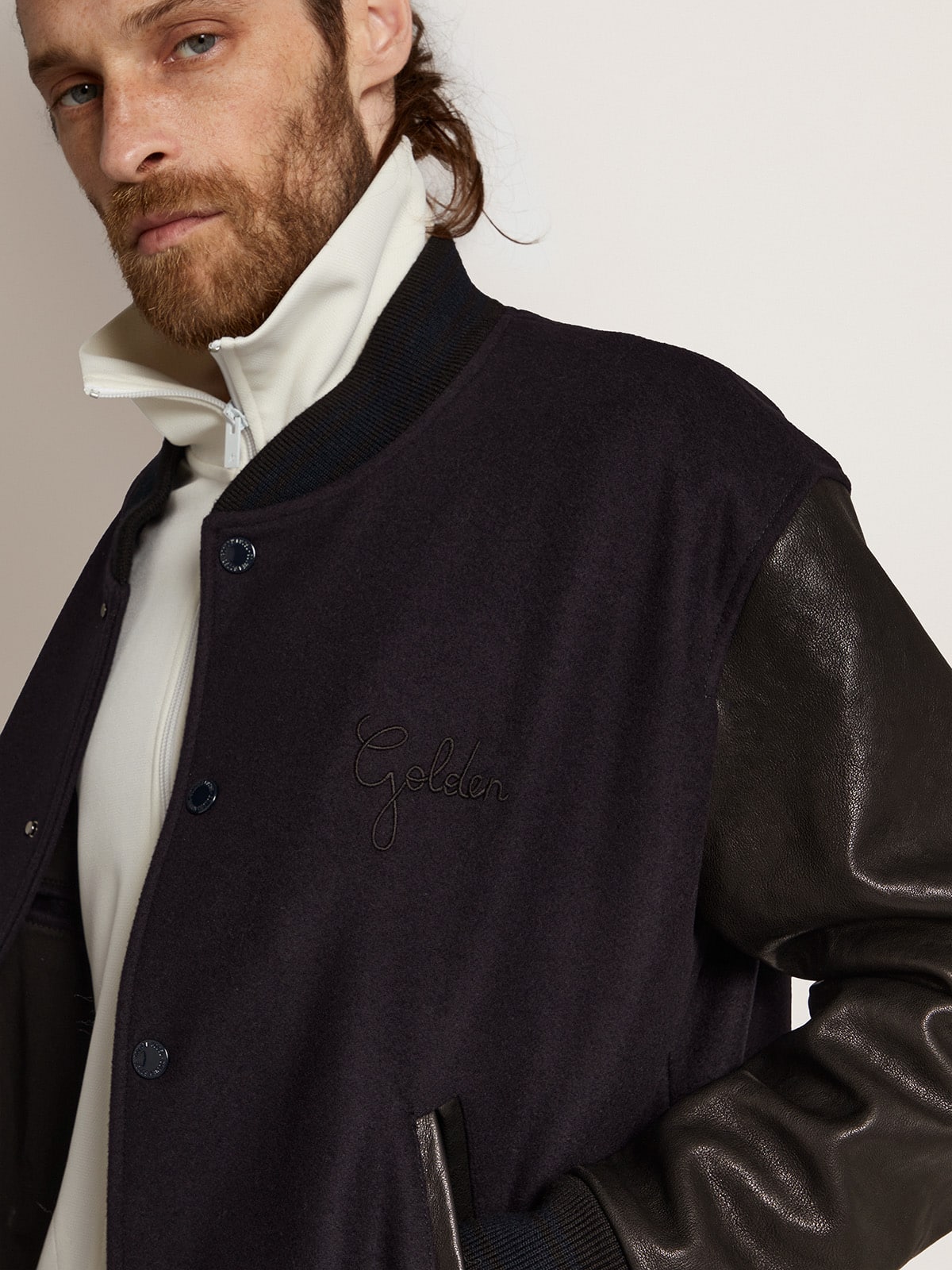 Golden Goose Men’s bomber jacker in blue wool and black leather | Golden Goose