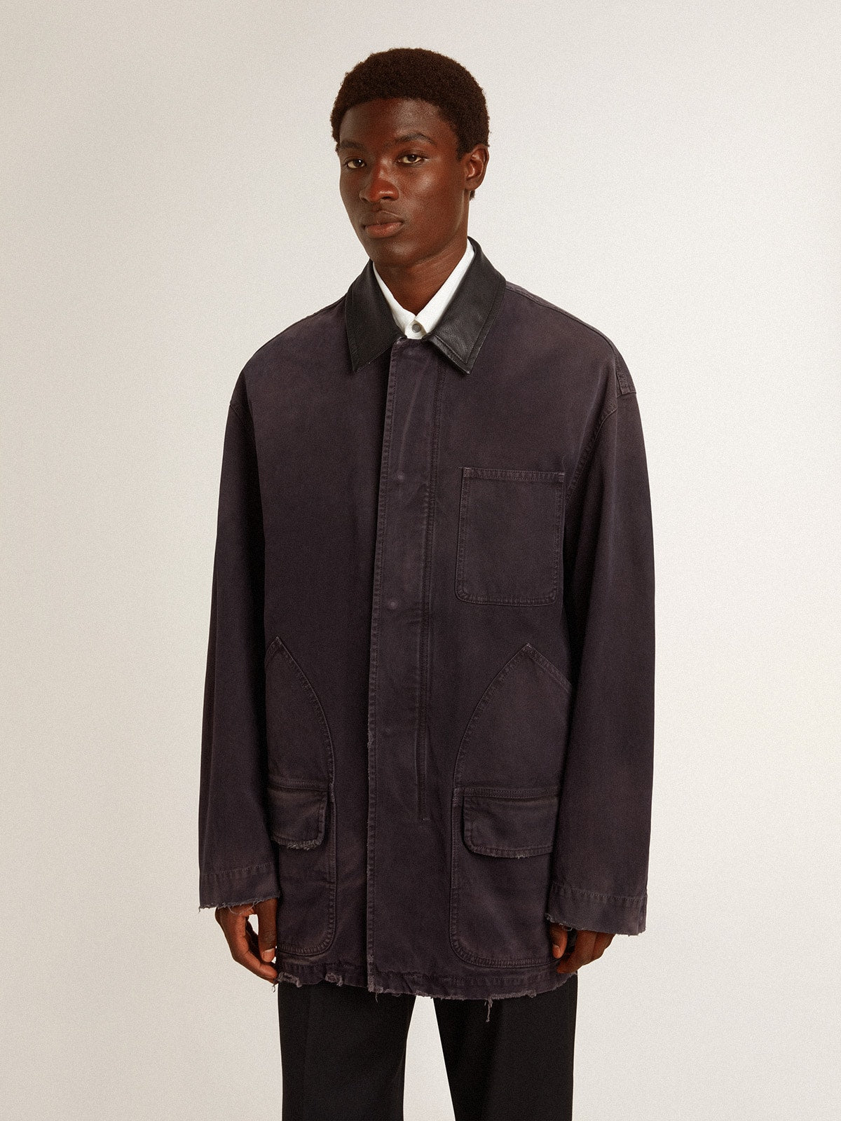 Golden Goose Men's denim jacket with distressed details and leather collar