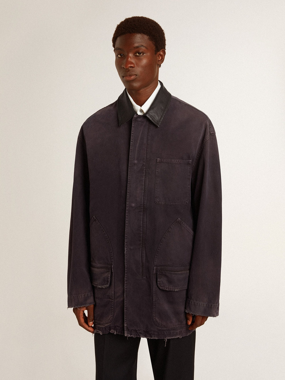 Golden Goose Men's denim jacket with distressed details and leather collar