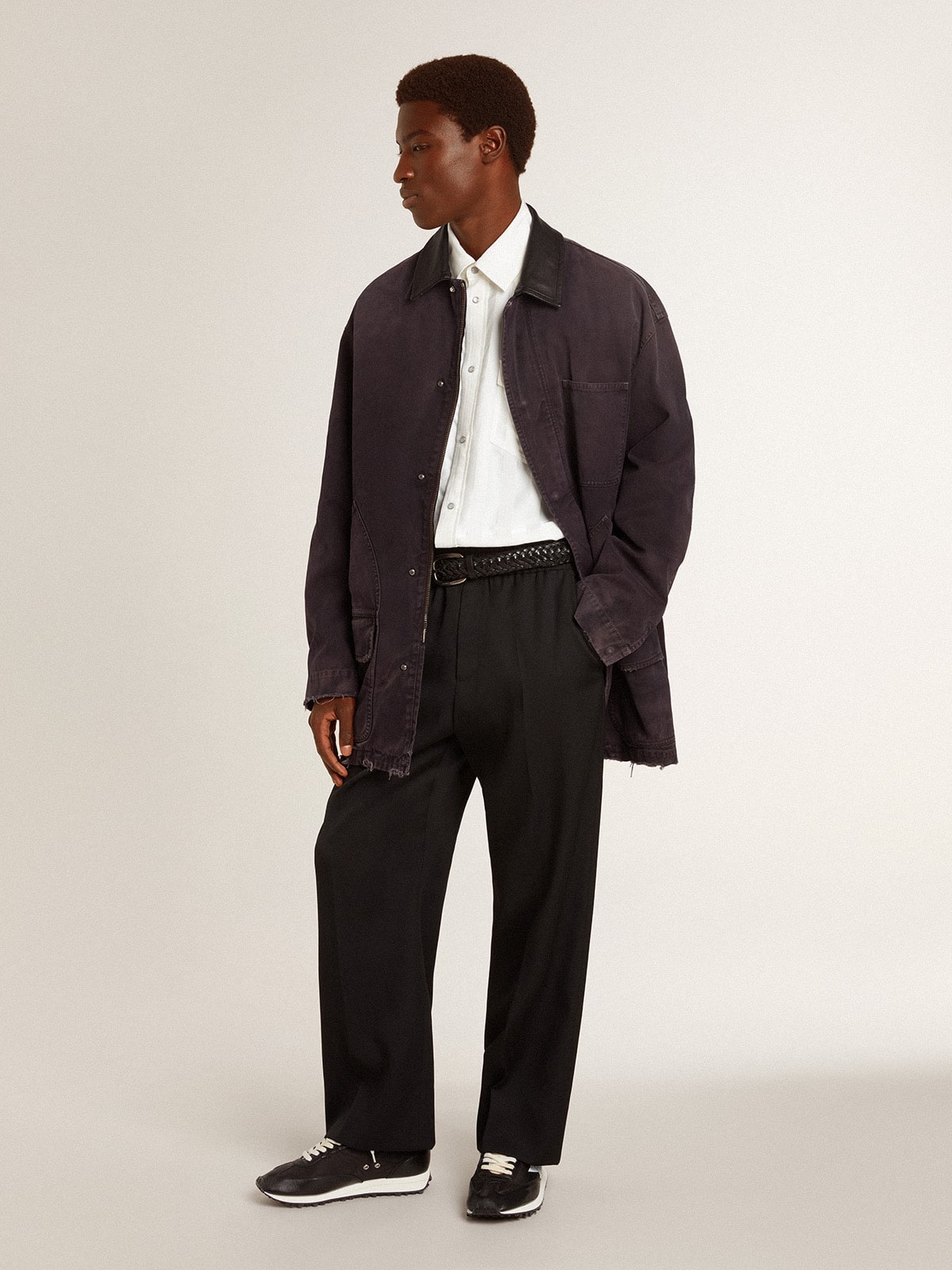Golden Goose Men's denim jacket with distressed details and leather collar