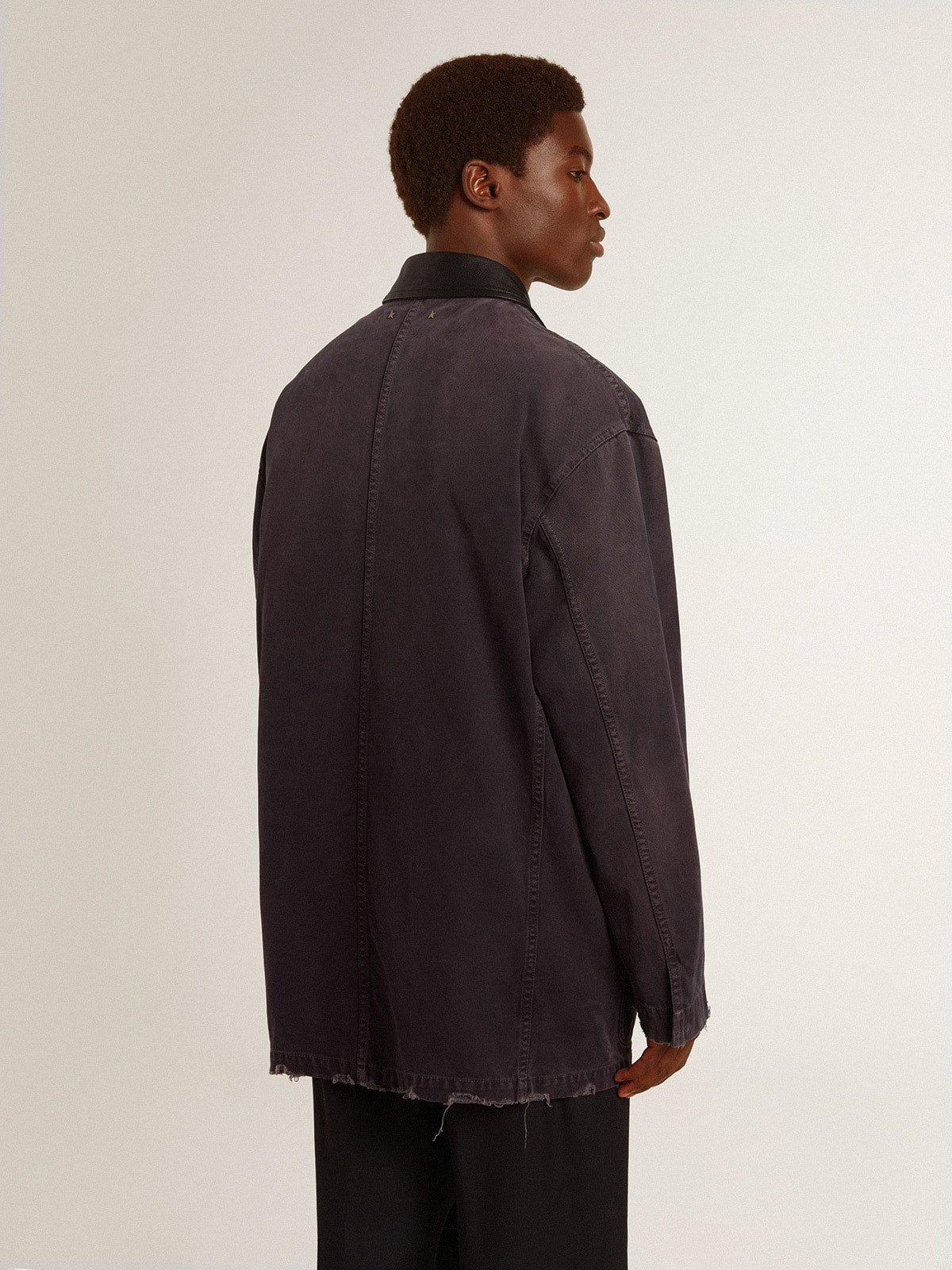 Golden Goose Men's denim jacket with distressed details and leather collar