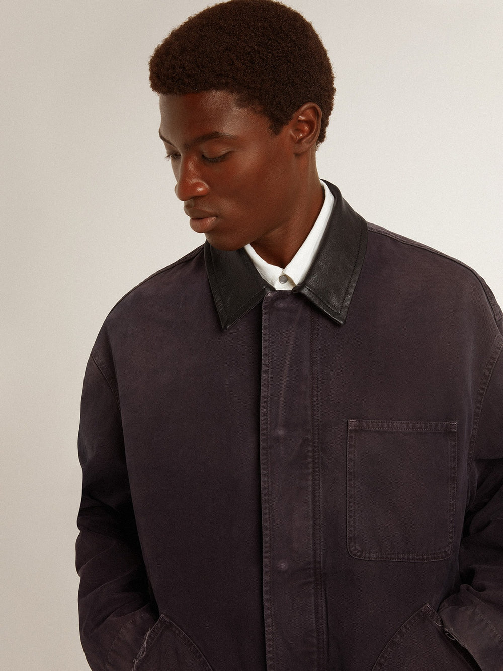 Golden Goose Men's denim jacket with distressed details and leather collar
