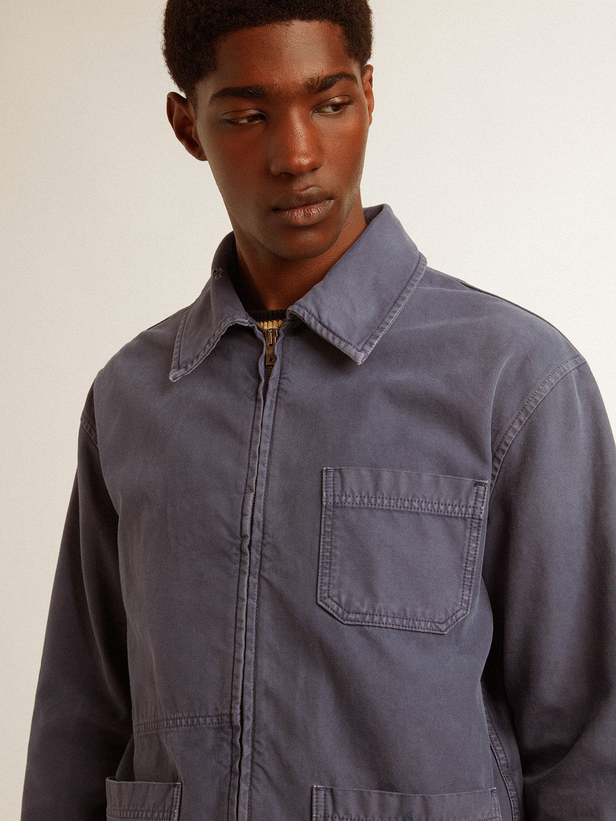 Golden Goose Men's blue jacket in denim cotton with distressed treatment