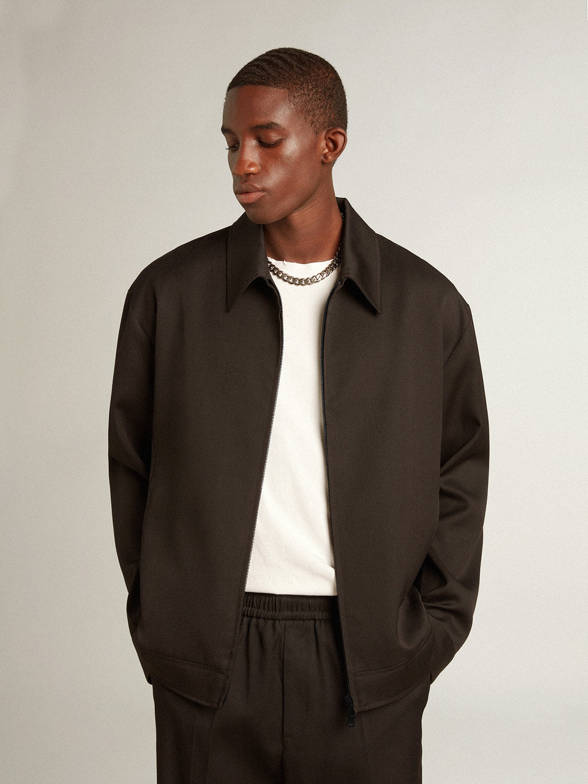 Golden Goose Men’s zip-up jacket in black wool gabardine