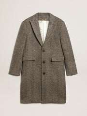 Golden Goose Men's single-breasted wool coat with beige and gray herringbone weave