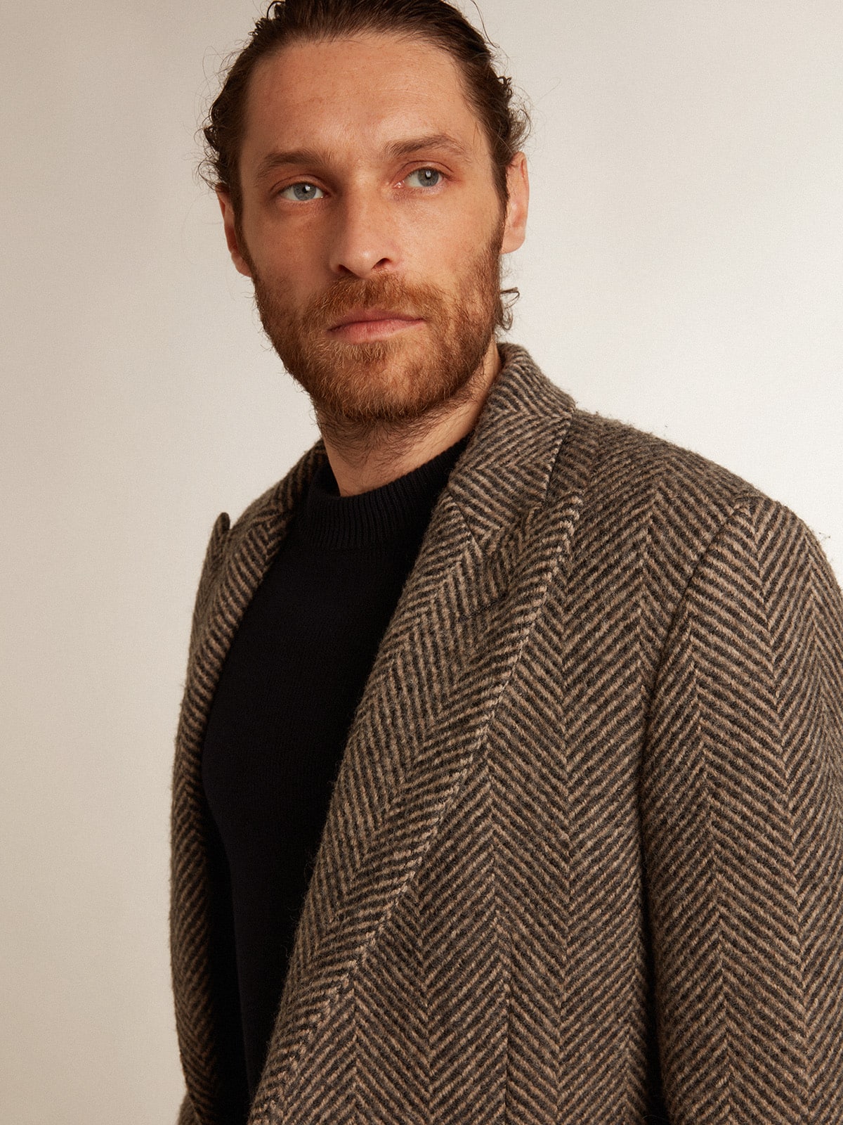 Golden Goose Men's single-breasted wool coat with beige and gray herringbone weave