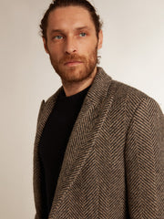 Golden Goose Men's single-breasted wool coat with beige and gray herringbone weave