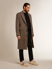 Golden Goose Men's single-breasted wool coat with beige and gray herringbone weave