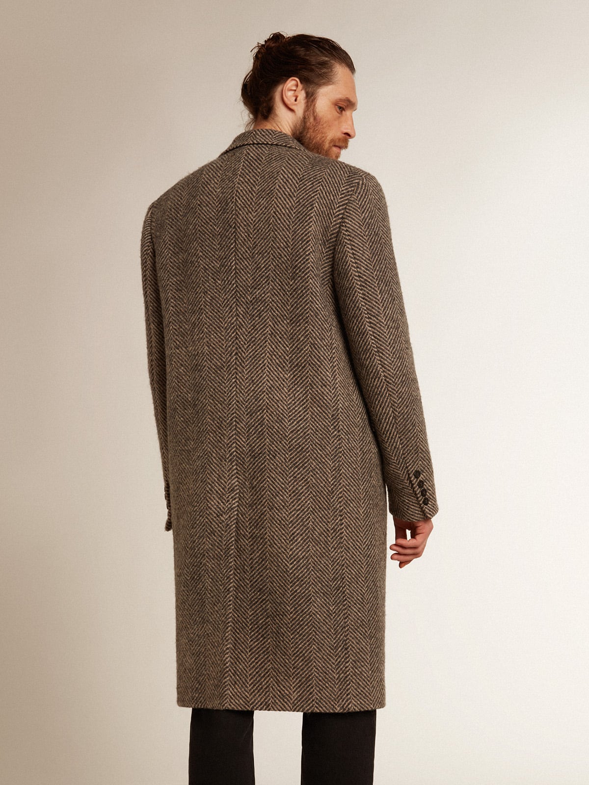 Golden Goose Men's single-breasted wool coat with beige and gray herringbone weave