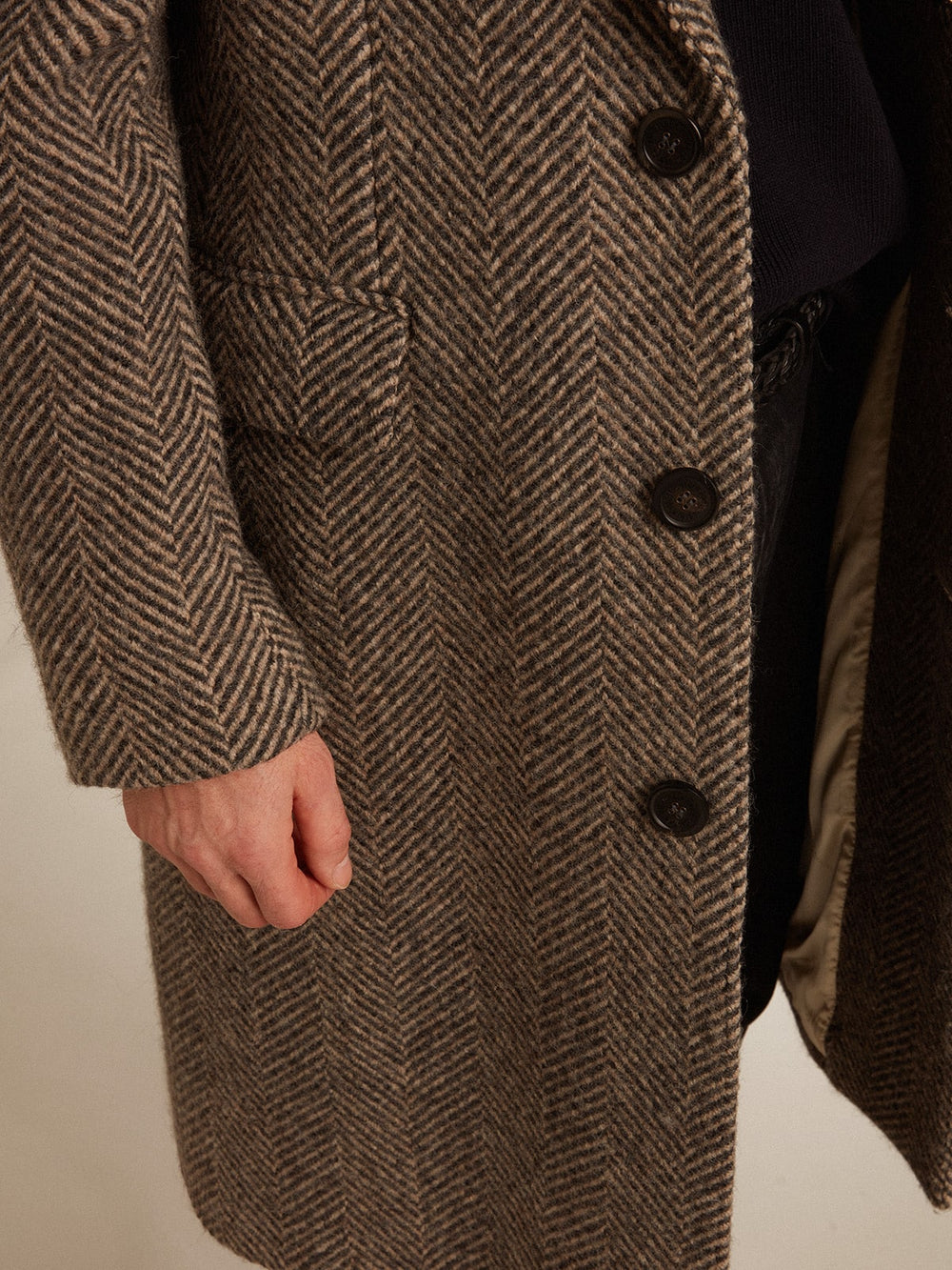 Golden Goose Men's single-breasted wool coat with beige and gray herringbone weave