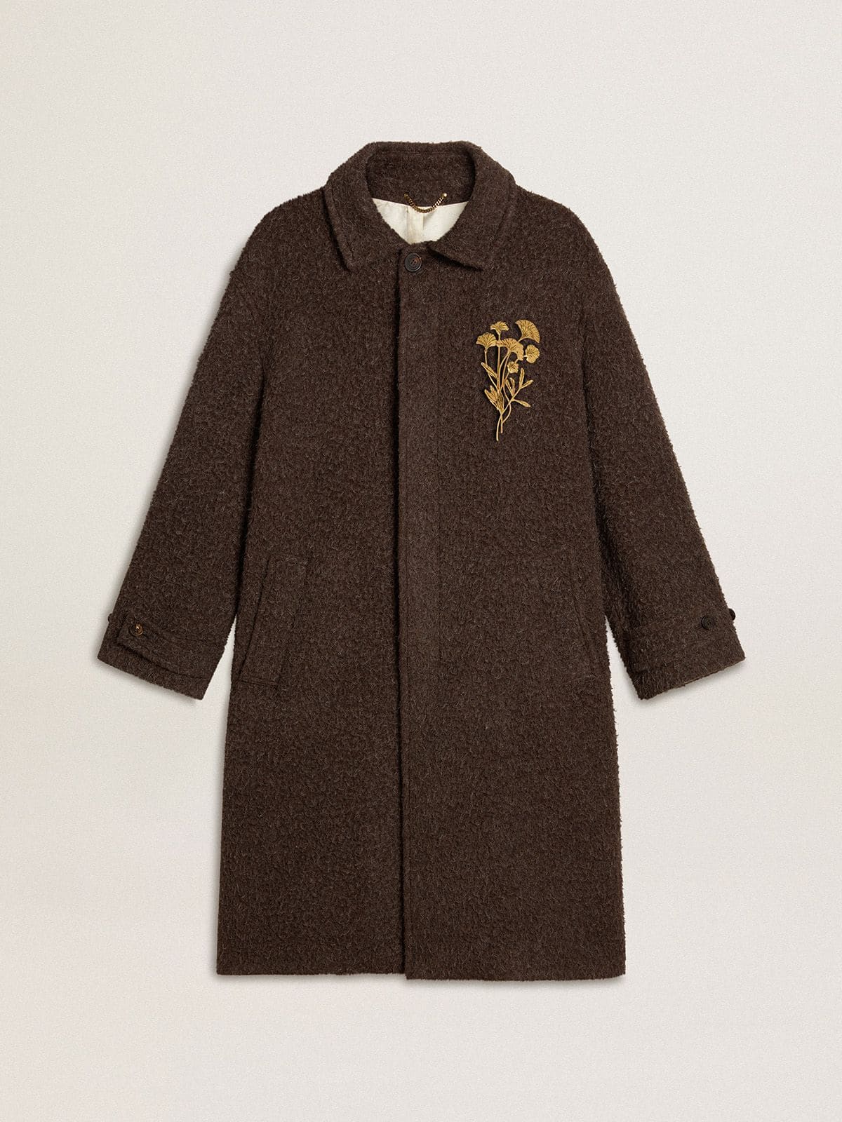 Golden Goose Men's single-breasted Journey coat in wrinkle wool blend with floral pin