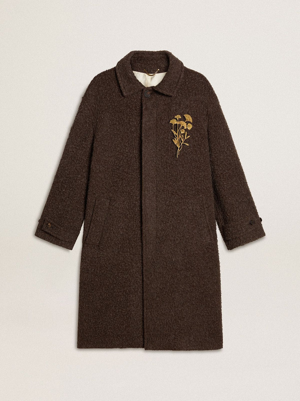 Golden Goose Men's single-breasted Journey coat in wrinkle wool blend with floral pin