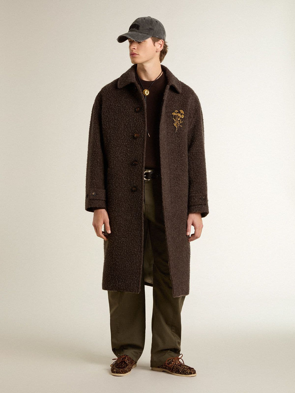 Golden Goose Men's single-breasted Journey coat in wrinkle wool blend with floral pin