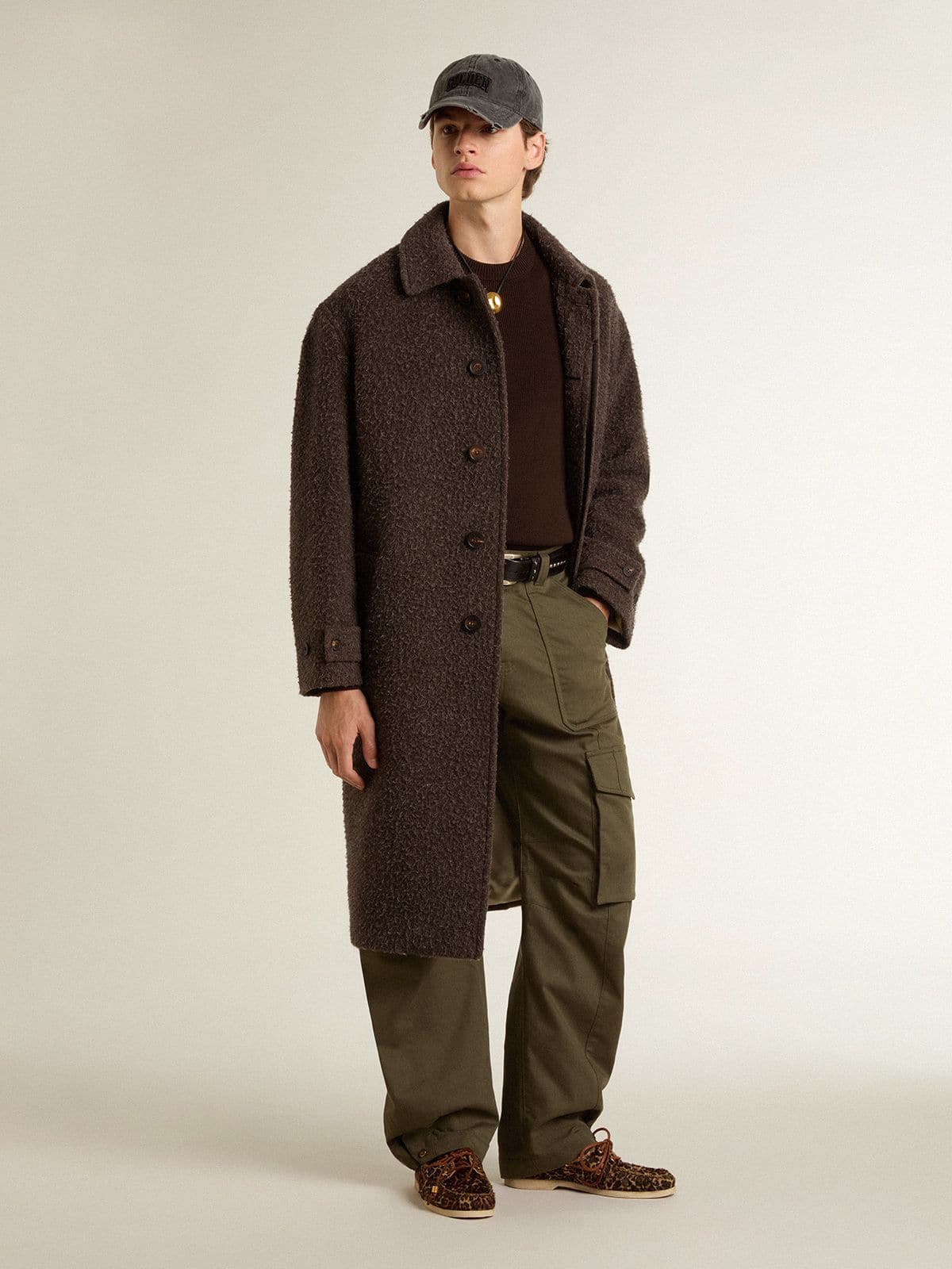 Golden Goose Men's single-breasted Journey coat in wrinkle wool blend with floral pin