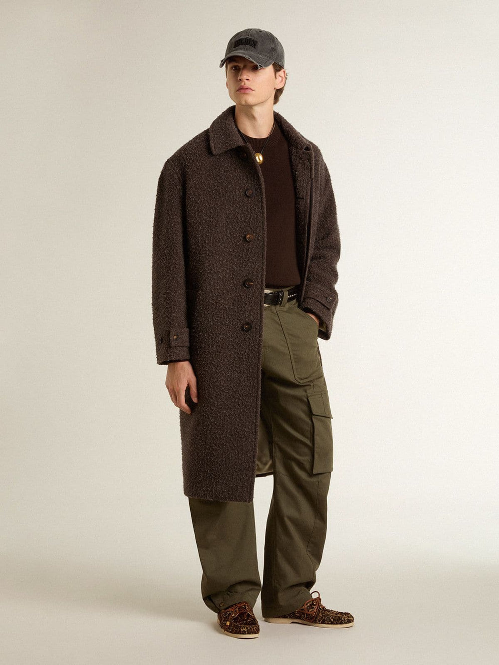 Golden Goose Men's single-breasted Journey coat in wrinkle wool blend with floral pin