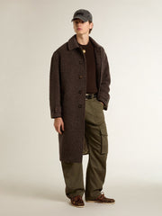 Golden Goose Men's single-breasted Journey coat in wrinkle wool blend with floral pin