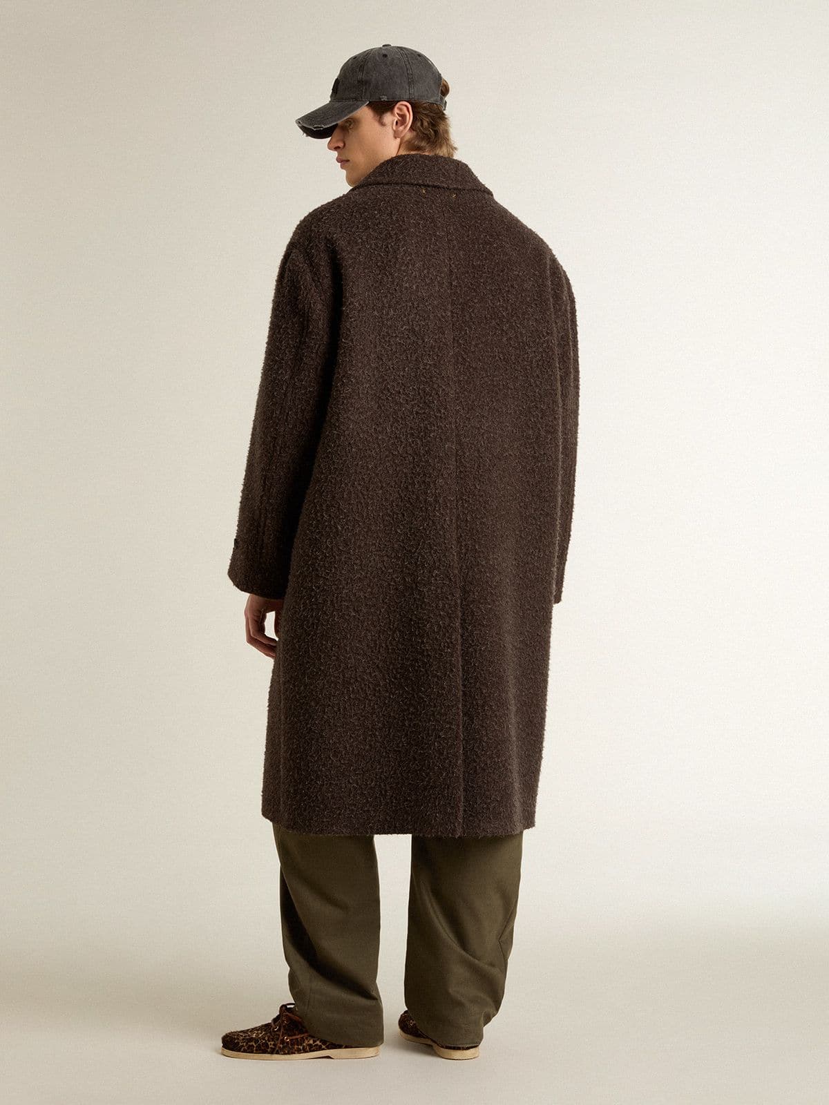 Golden Goose Men's single-breasted Journey coat in wrinkle wool blend with floral pin