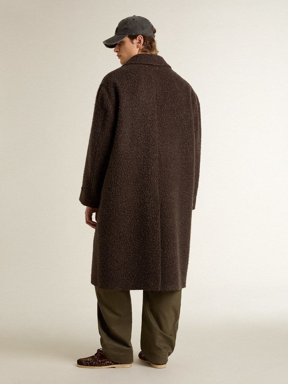 Golden Goose Men's single-breasted Journey coat in wrinkle wool blend with floral pin