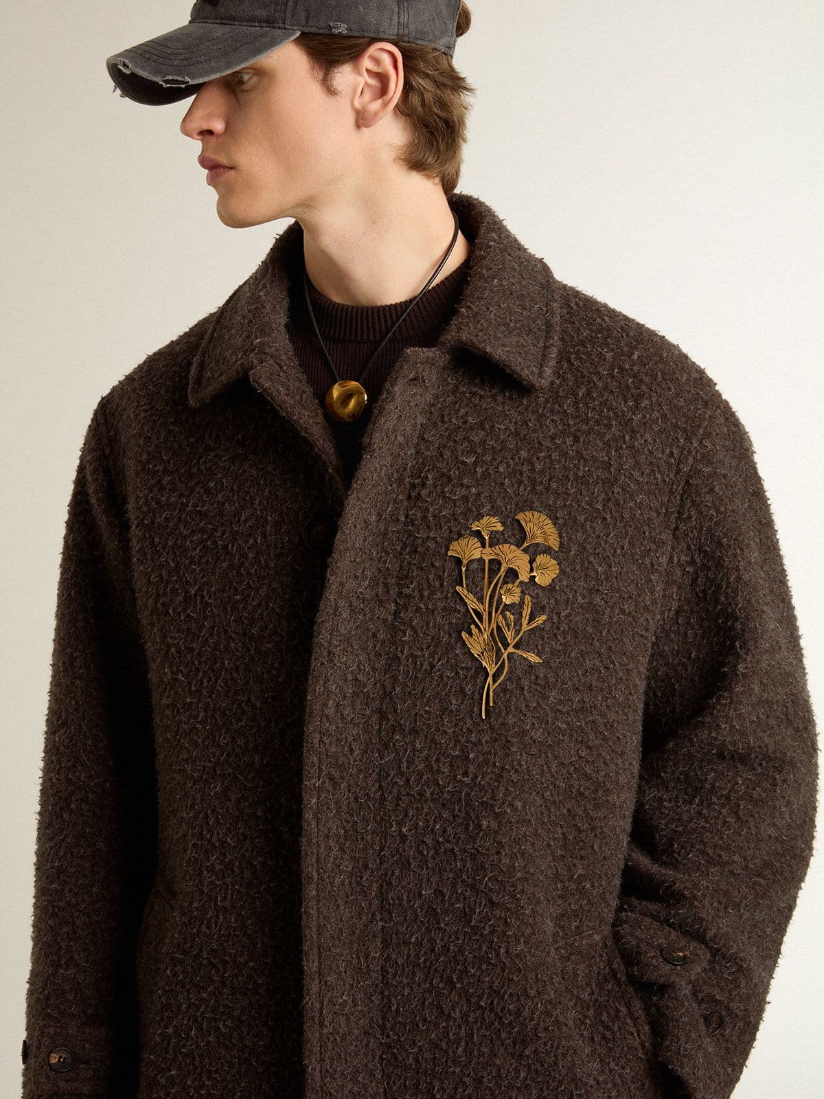 Golden Goose Men's single-breasted Journey coat in wrinkle wool blend with floral pin