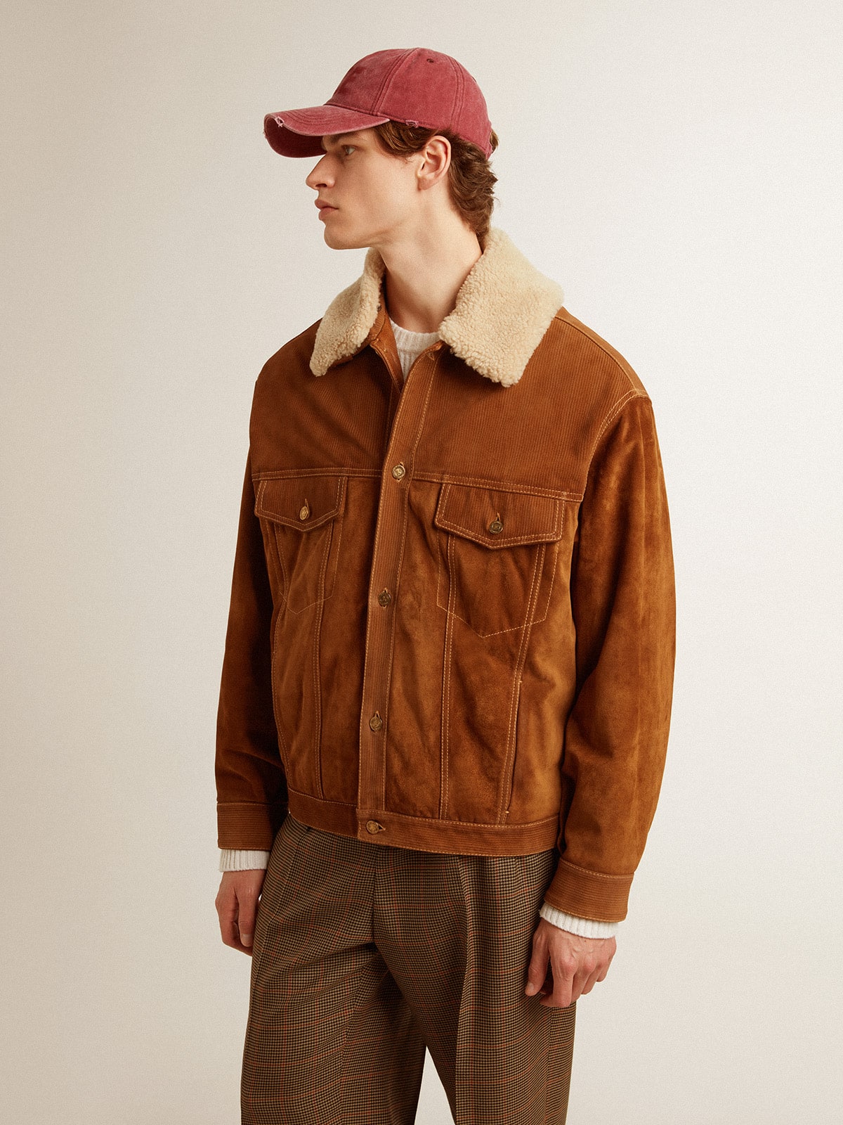 Golden Goose Men's jacket in tobacco-colored split leather with a shearling collar