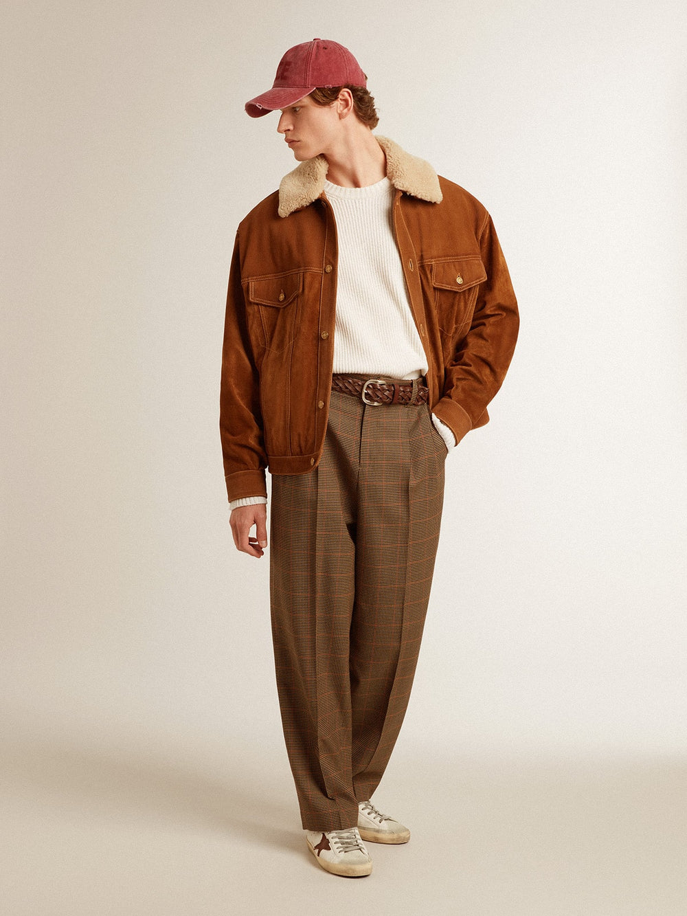 Golden Goose Men's jacket in tobacco-colored split leather with a shearling collar