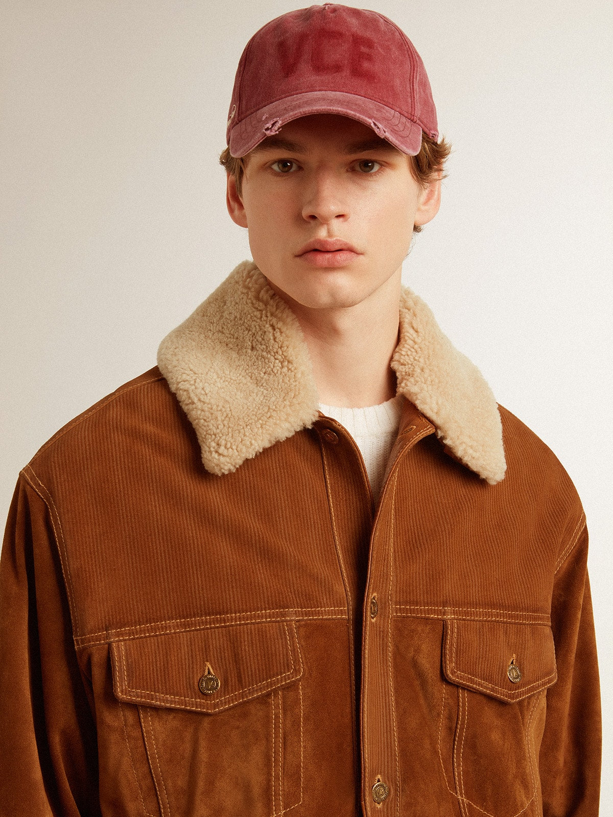 Golden Goose Men's jacket in tobacco-colored split leather with a shearling collar