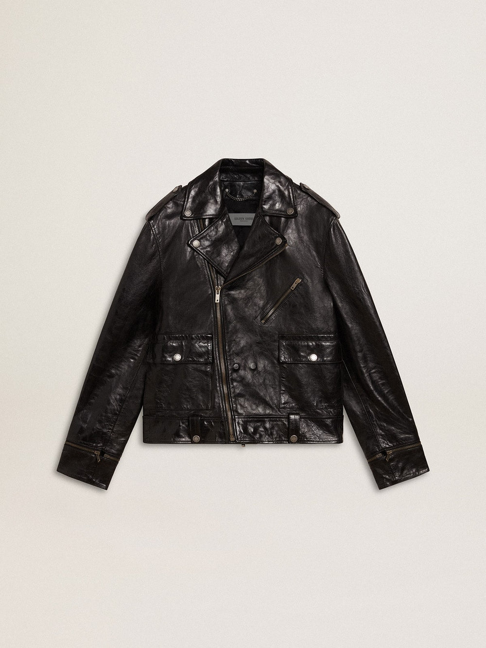 Golden Goose Men’s black leather biker jacket with glossy effect