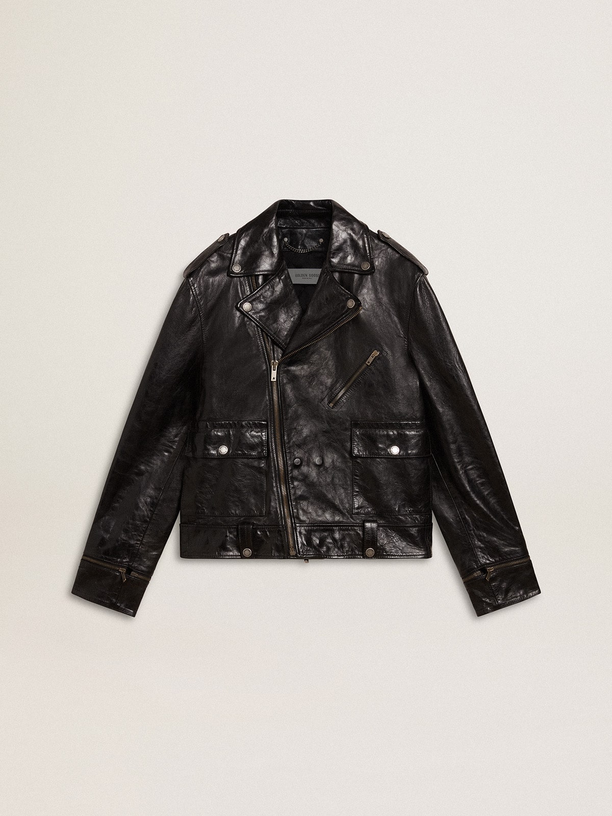 Golden Goose Men’s black leather biker jacket with glossy effect