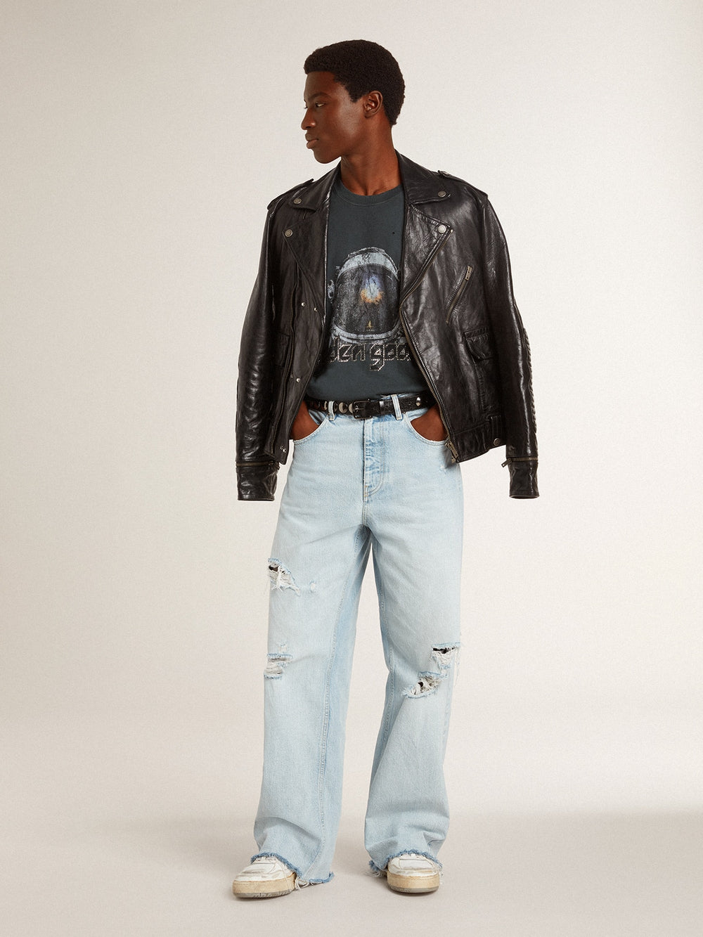 Golden Goose Men’s black leather biker jacket with glossy effect
