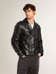 Golden Goose Men’s black leather biker jacket with glossy effect