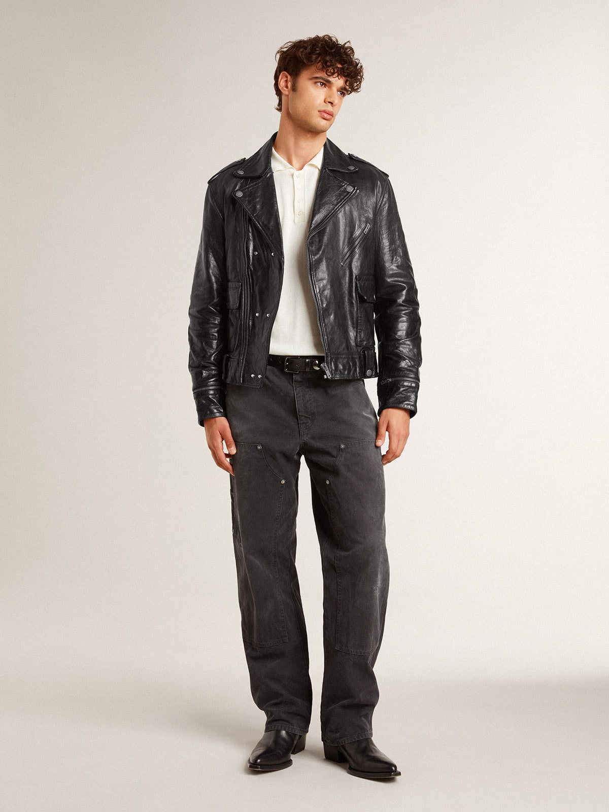 Golden Goose Men’s black leather biker jacket with glossy effect