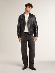 Golden Goose Men’s black leather biker jacket with glossy effect